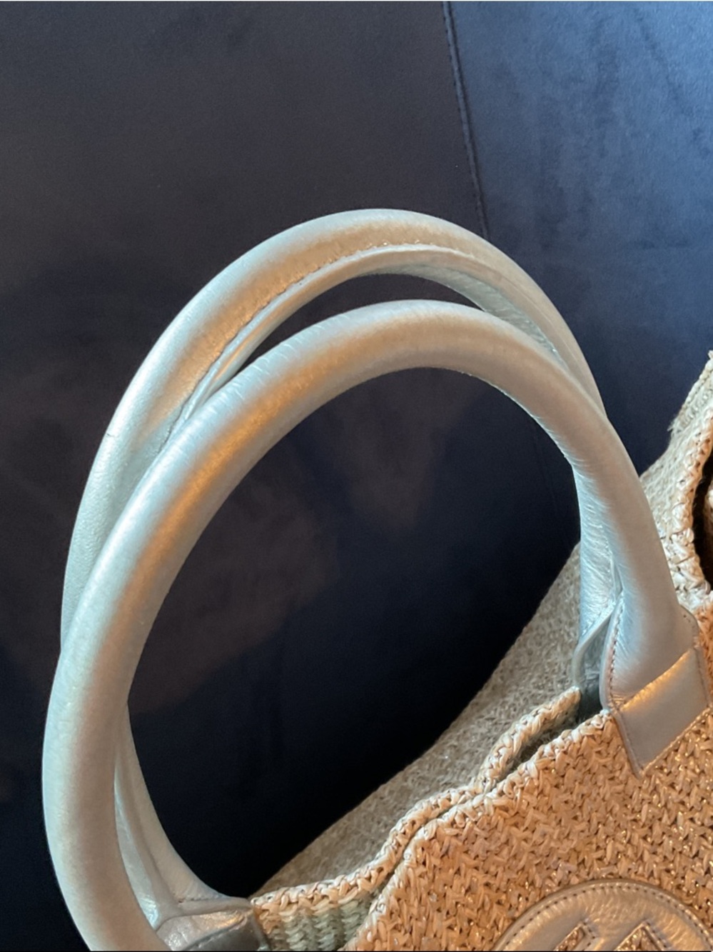 Tory Burch Tan Raffia Tote with Silver Leather Trim - Picture 3 of 10